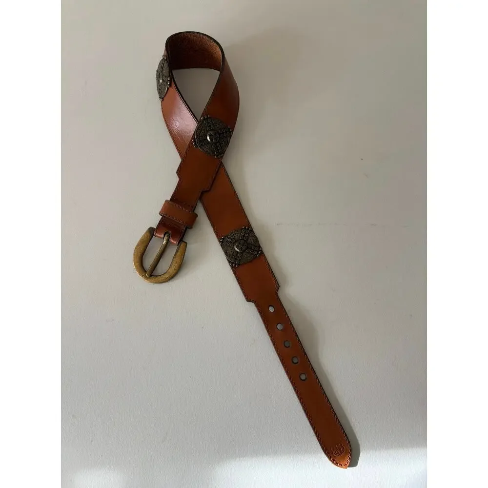 Vintage Western Brown Leather Belt With Metal Detailing cowboy cowgirl rodeo